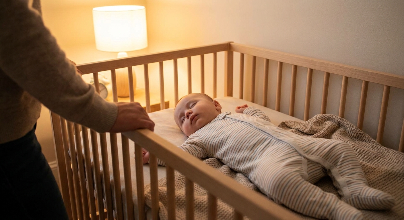 A baby sleeping on their back in a crib wearing a simple cotton sleeper while a parent’s hand rests gently on the crib rail, warm lamplight, real photo style