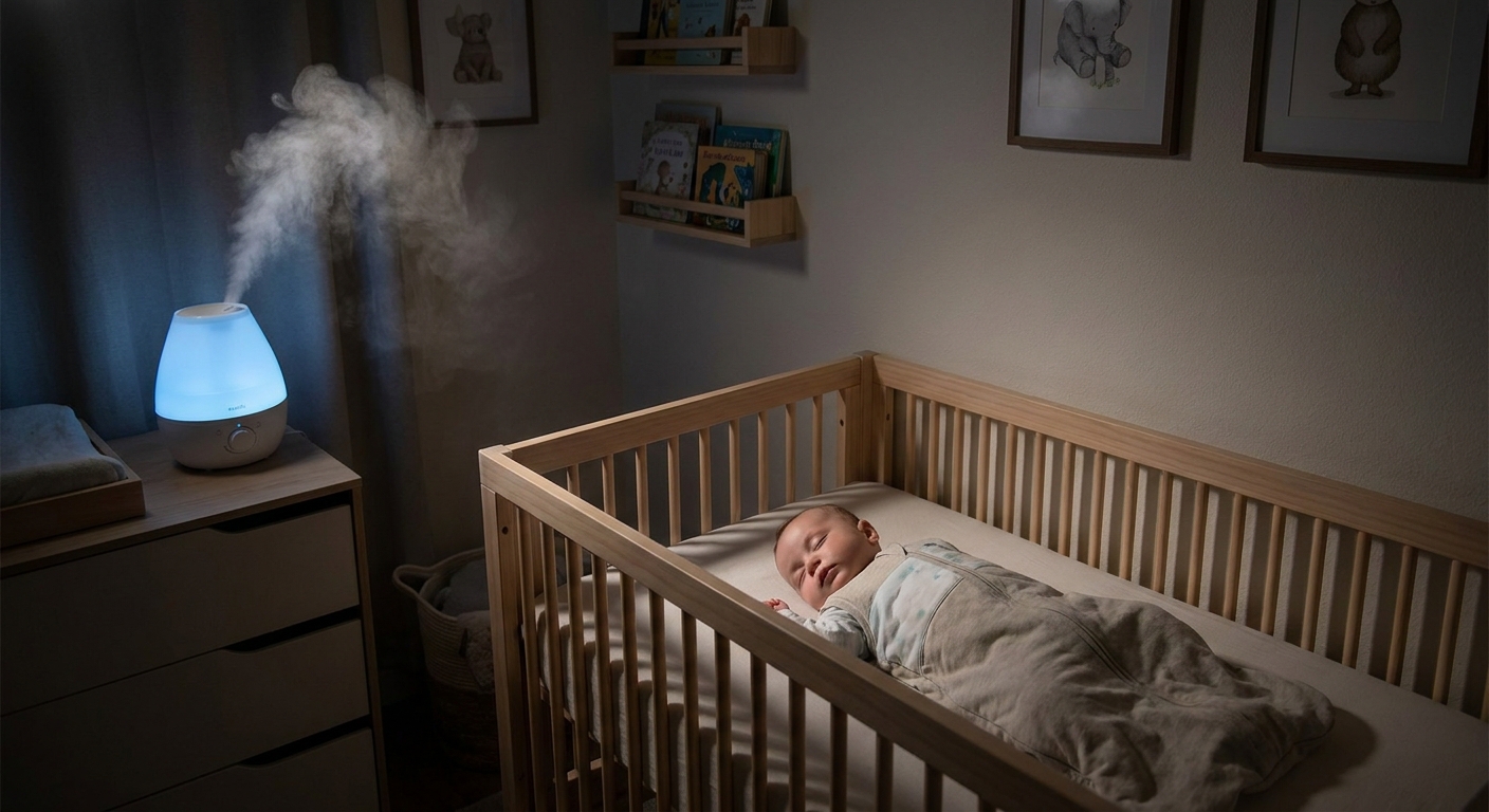 A baby sleeping on their back in a crib while a cool-mist humidifier runs nearby in a dimly lit nursery