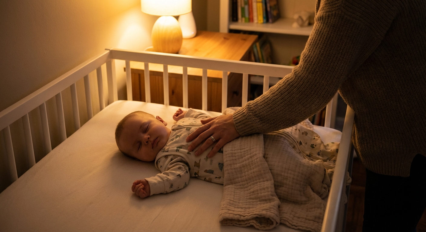 A baby sleeping on their back in a crib while a parent’s hand rests gently on the baby’s chest, soft bedside lamp lighting, photorealistic