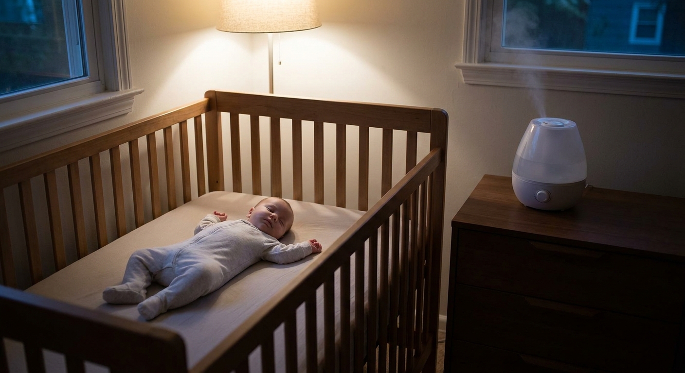 A baby sleeping on their back in an empty crib with a cool-mist humidifier on a dresser nearby, calm nighttime bedroom scene