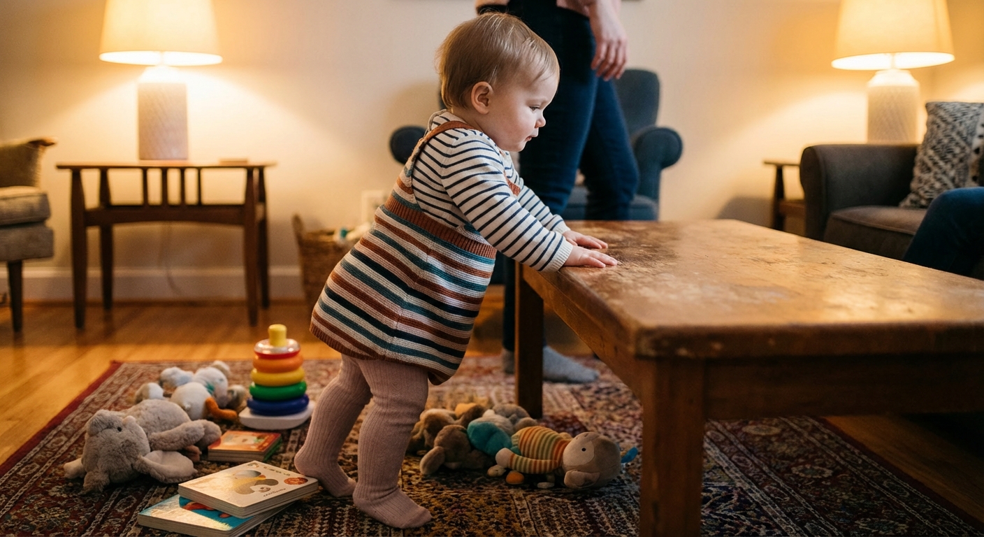 A baby standing and moving sideways while holding onto a low wooden coffee table, toys on the floor, warm indoor lighting, candid lifestyle photograph