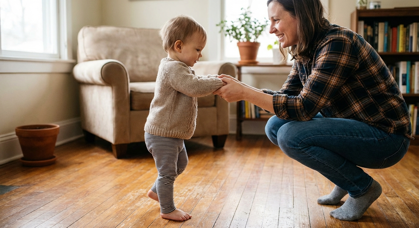 A baby standing on a hardwood floor holding both of a parent’s hands for balance, the parent crouched nearby, cozy home setting, realistic family photograph