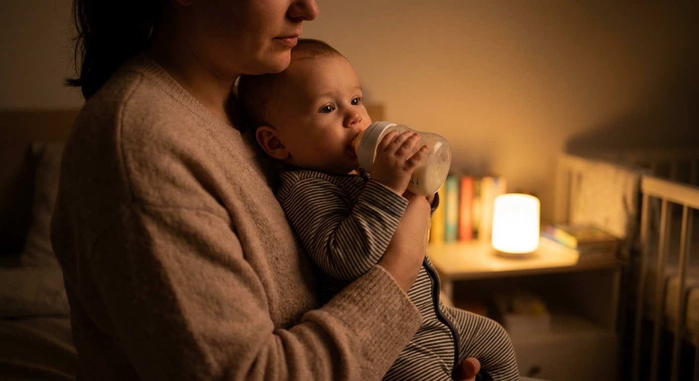 A baby taking a bottle while pausing to breathe, held upright in a parent’s arms in a softly lit bedroom