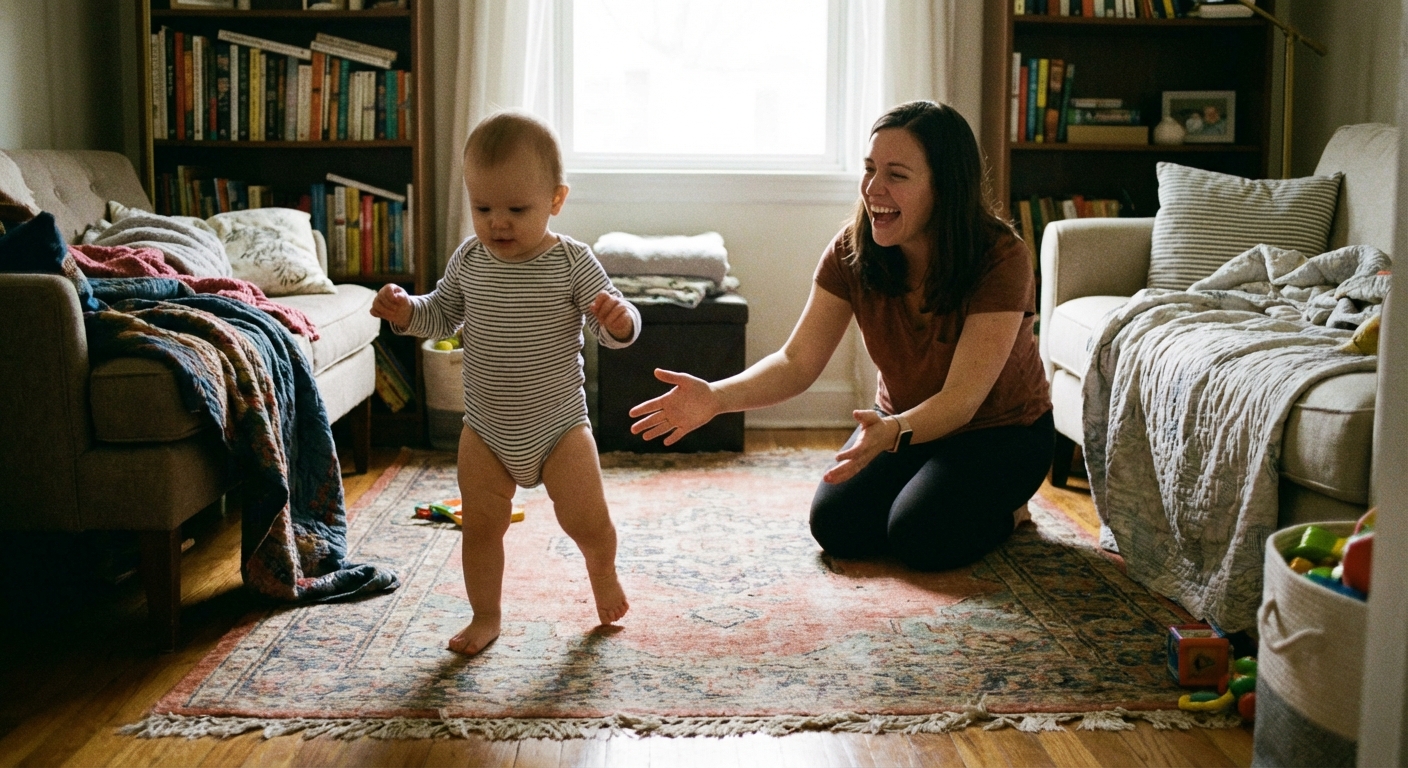 A baby taking a few unsteady first steps toward a smiling parent with arms outstretched in a cozy living room