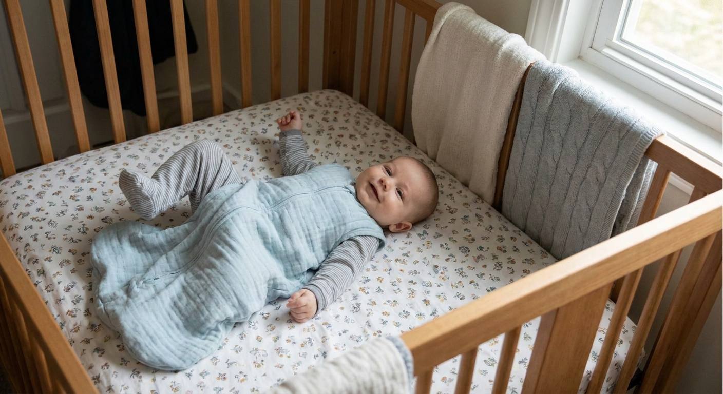 A baby wearing cotton footed pajamas and a lightweight sleep sack lying on their back in a crib with a fitted sheet
