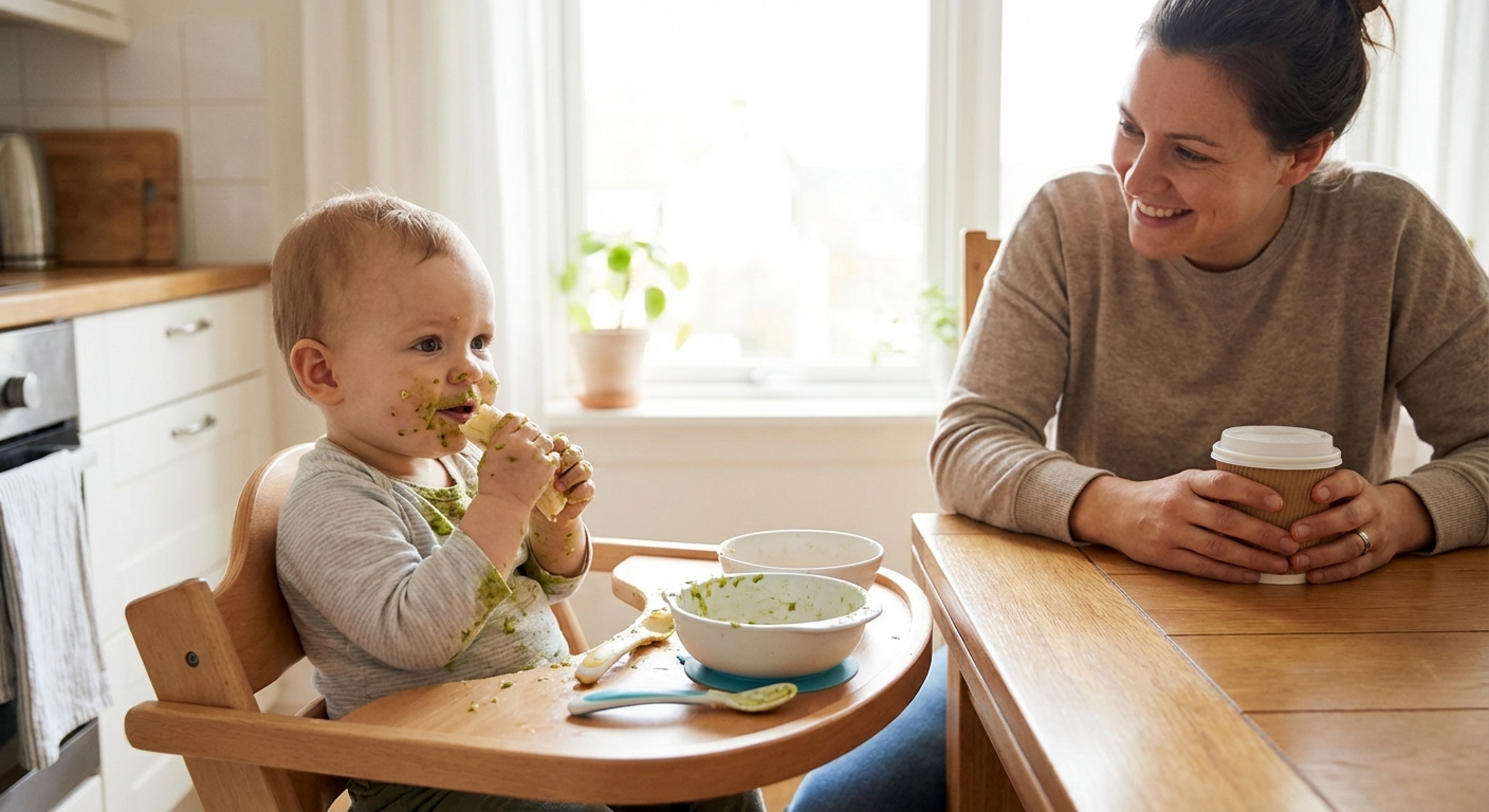 A baby with bits of banana and avocado on their hands self-feeding in a high chair while a parent sits nearby at the table, bright daytime light, photorealistic family moment