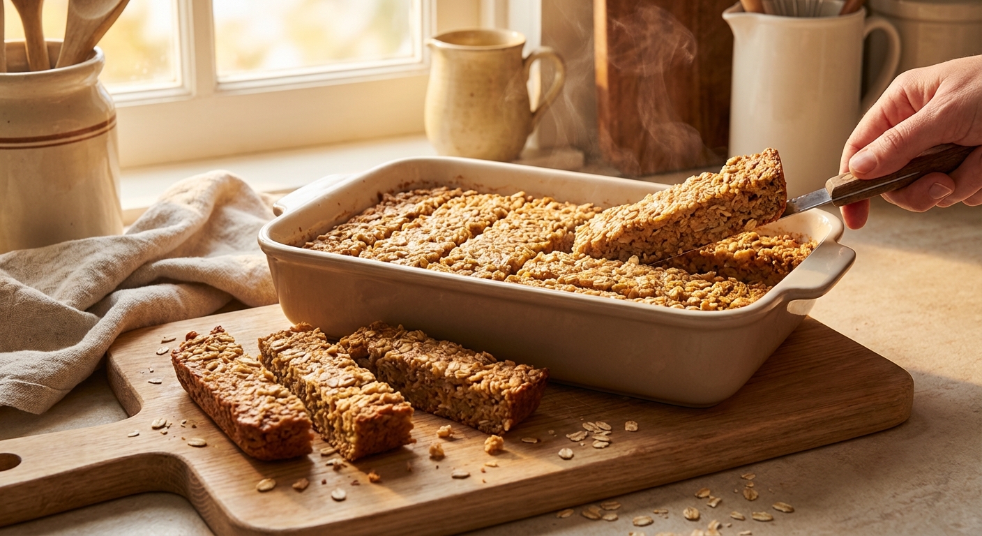 A baking dish of baked oatmeal cut into thick finger-shaped strips on a cutting board, crumbs scattered lightly, warm kitchen lighting, photorealistic