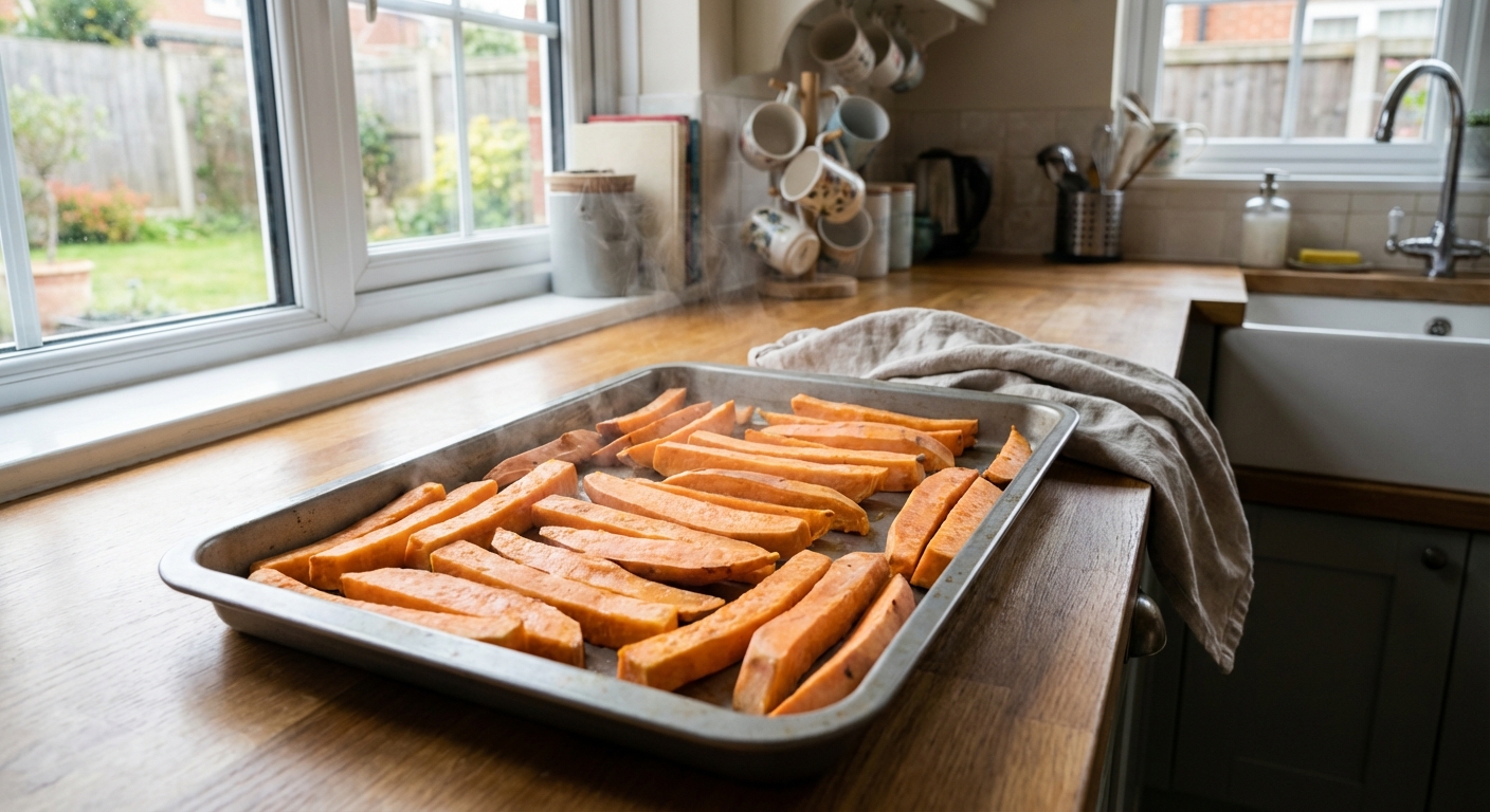 A baking tray with thick soft sweet potato sticks cooling after steaming, steam lightly visible, home kitchen setting, photorealistic