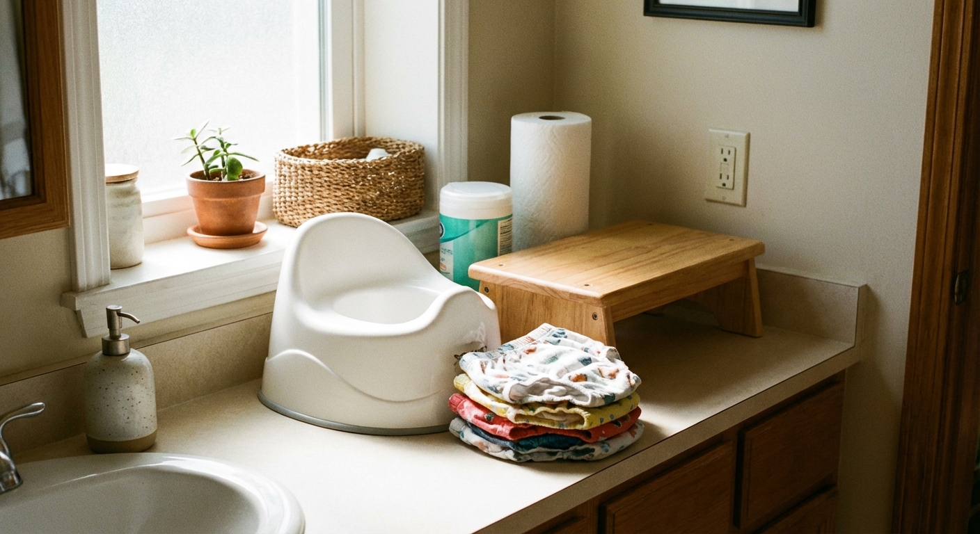 A bathroom counter with a small potty chair, toddler underwear, a step stool, wipes, and a roll of paper towels laid out neatly, natural window light, realistic lifestyle photo