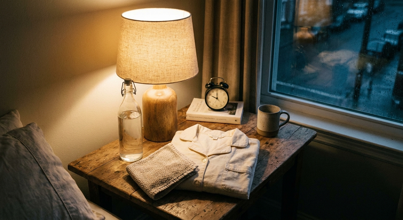 A bedside table at night with a water bottle, a folded clean cotton pajama top, and a small towel next to a softly lit lamp