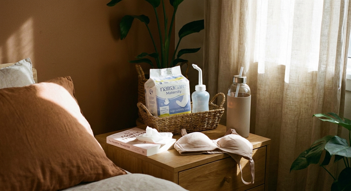 A bedside table with postpartum supplies including large maternity pads, peri bottle, and a water bottle in a calm home setting, realistic photo