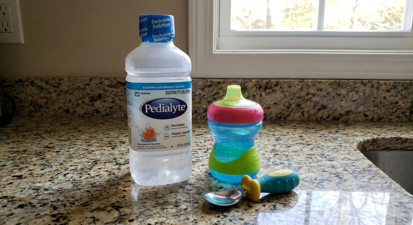 A bottle of oral rehydration solution and a small cup on a kitchen countertop next to a toddler-sized spoon, realistic photo