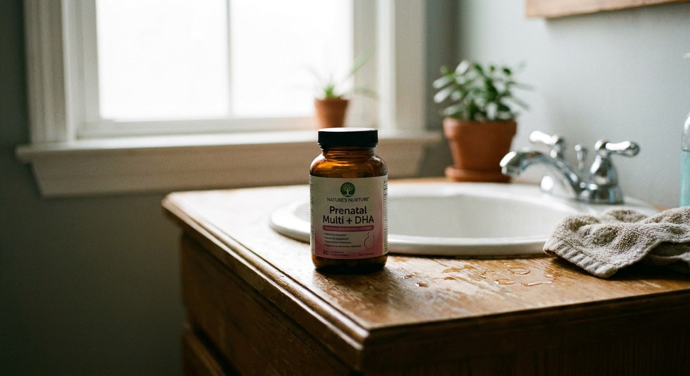 A bottle of prenatal vitamins sitting on a bathroom counter near a sink, realistic home setting, shallow depth of field