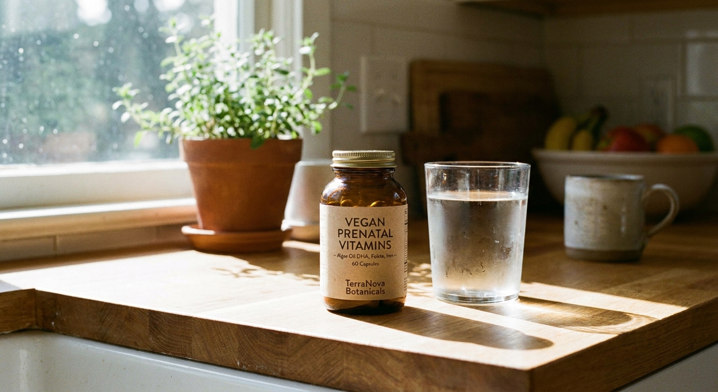 A bottle of vegan prenatal vitamins on a kitchen countertop next to a glass of water, realistic natural light photograph