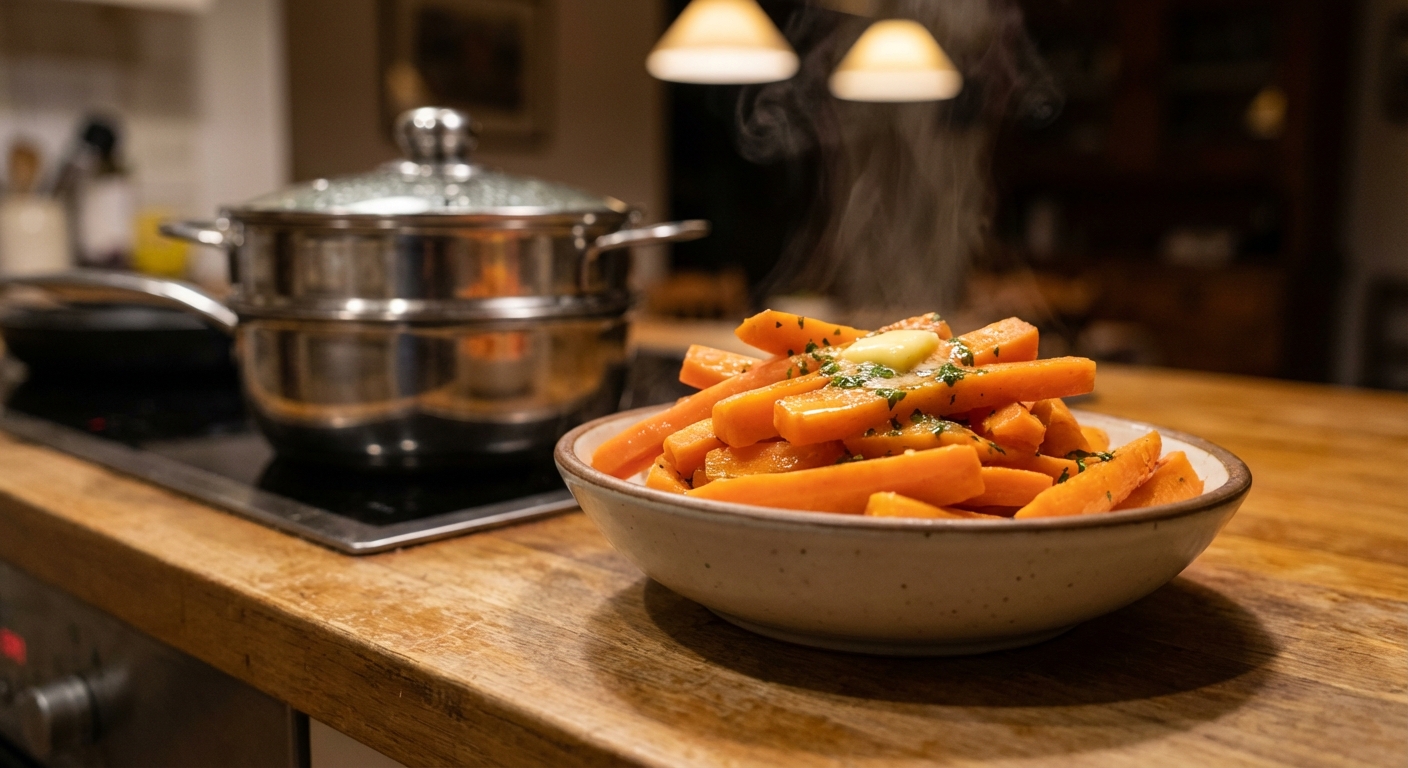 A bowl of thick steamed carrot sticks cooling on a kitchen counter with a steamer basket in the background, warm indoor light, realistic photo