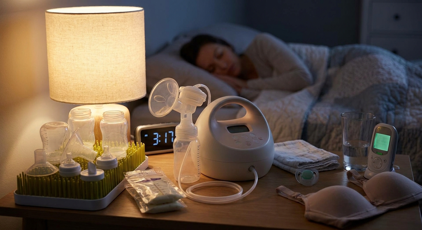 A breast pump with clean bottles and pump parts on a bedside table next to a dim lamp, suggesting nighttime pumping while caring for a newborn, realistic photo
