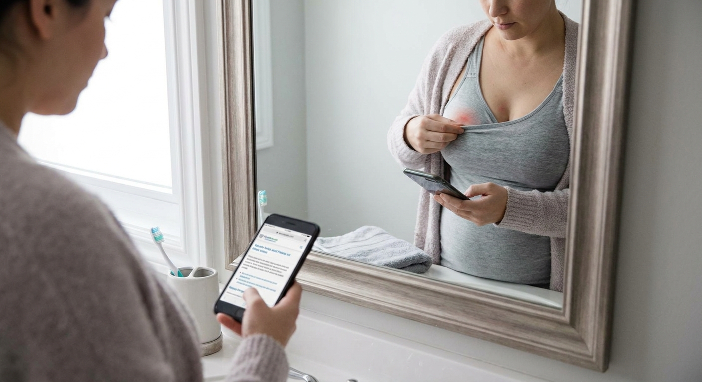 A breastfeeding parent in a bathroom mirror gently checking the breast for a red patch while holding a phone for reference, natural indoor lighting, real photograph style