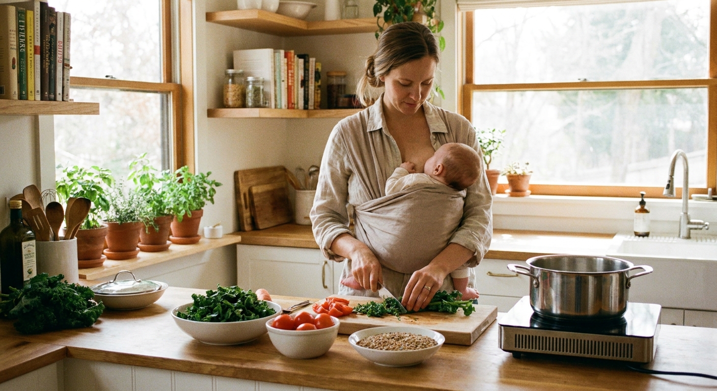 A breastfeeding parent in a bright kitchen holding a baby while preparing a simple plant-based meal on the counter, natural lifestyle photograph