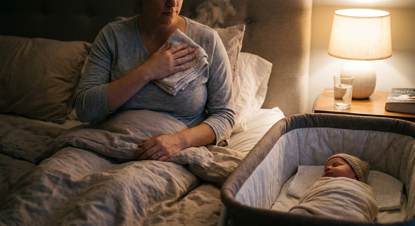 A breastfeeding parent sitting on a bed holding a warm washcloth to the nipple area with a newborn nearby, calm low light home setting, real life photography style