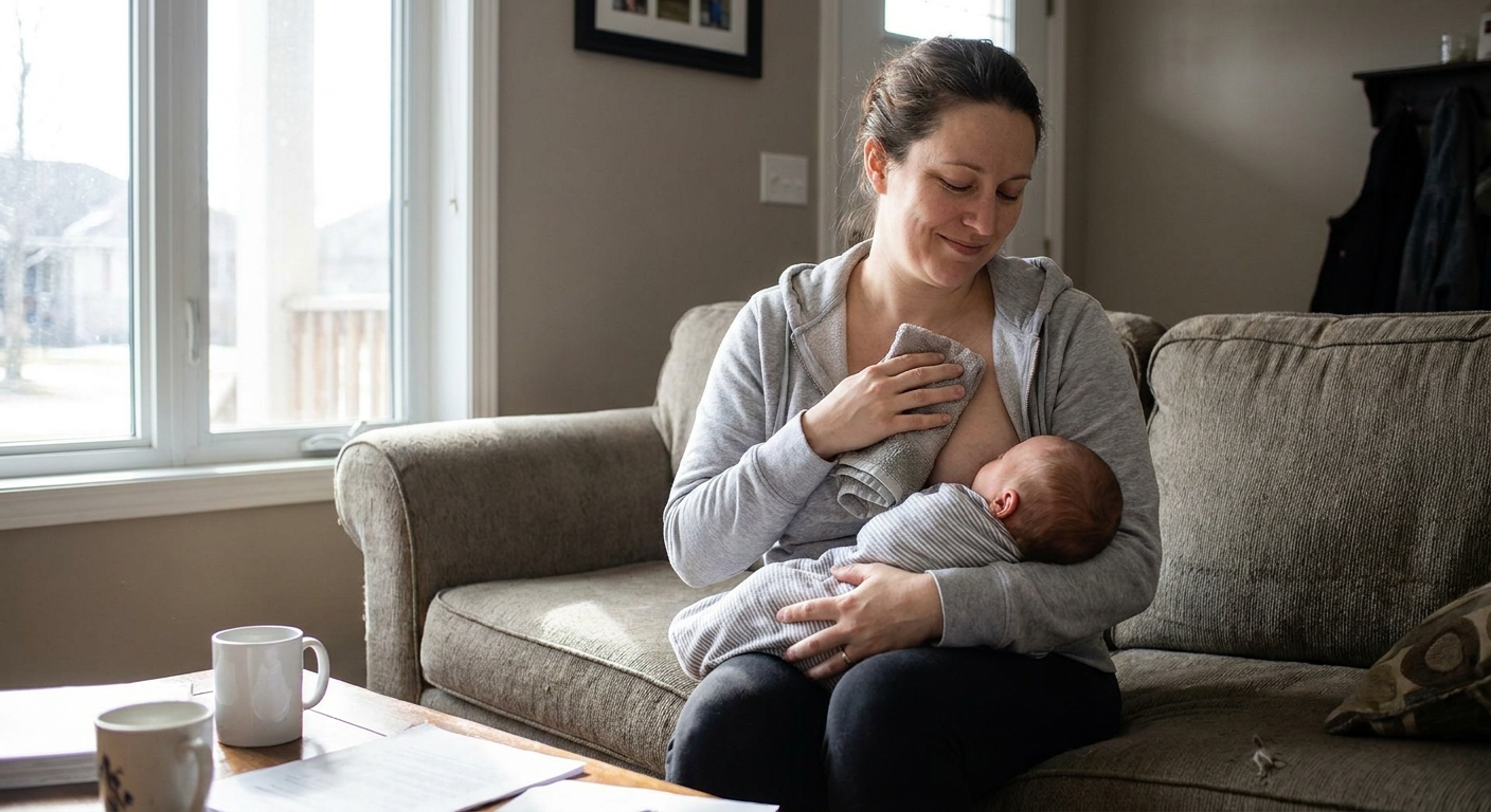 A breastfeeding parent sitting on a couch holding a baby, applying a warm compress to one breast with a tired but calm expression, natural window light, real life photo