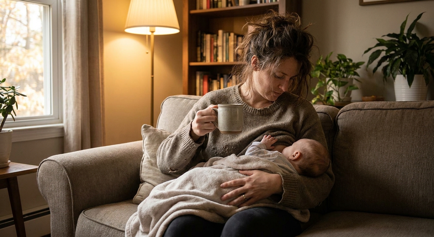 A breastfeeding parent sitting on a couch in a softly lit living room, holding a mug of coffee while their infant nurses, natural candid photograph