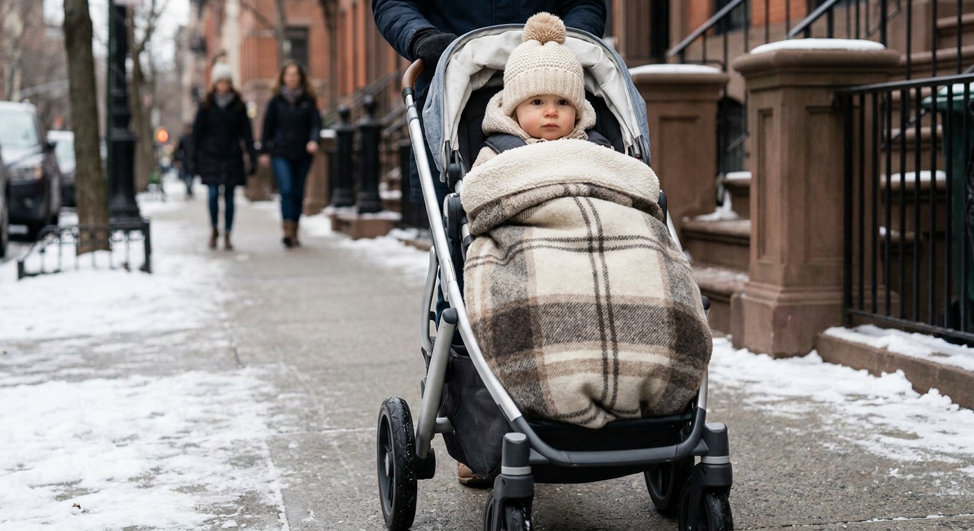 A bundled baby sitting in a stroller on a winter sidewalk, wearing a knit hat and wrapped in a warm blanket, natural outdoor light