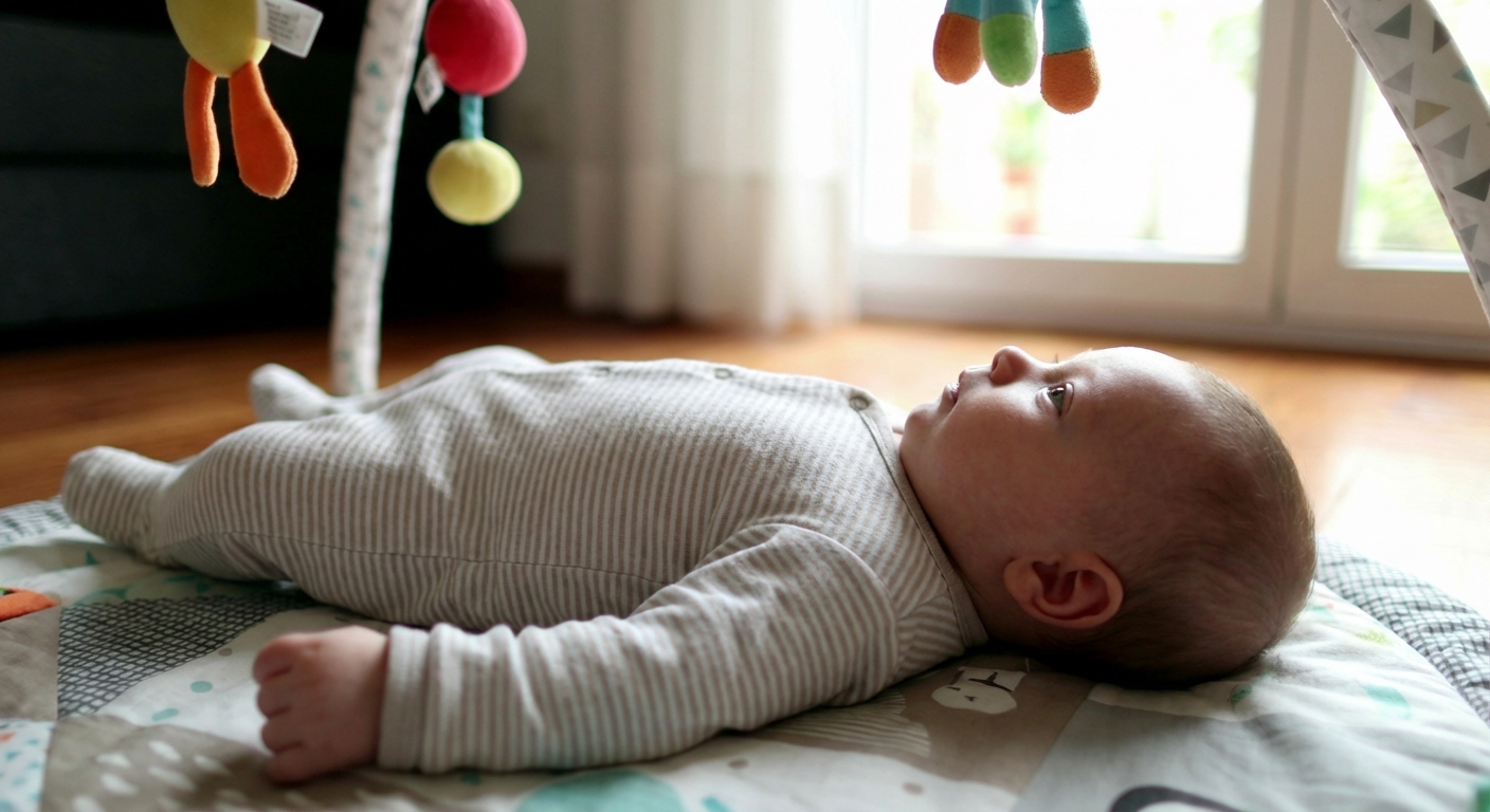 A calm infant lying on a play mat on their back, with the head naturally turned to one side while looking toward a light source, real photography style