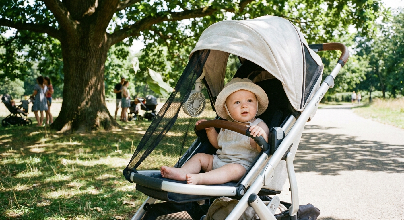 A candid photo of a baby in a stroller sitting in the shade outdoors on a sunny day, dressed in light breathable clothing, with good airflow around the stroller
