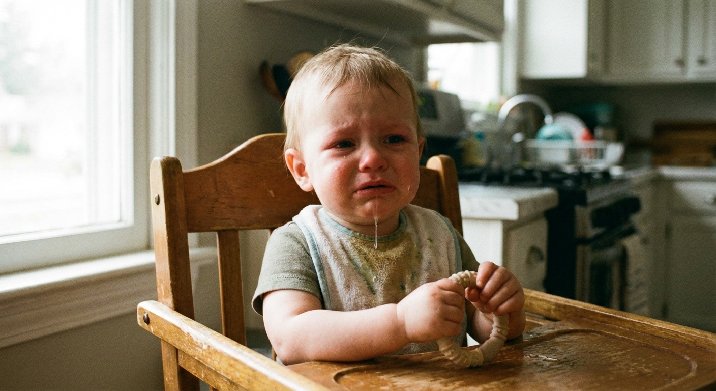 A candid photo of a baby sitting in a high chair with drool on their chin and bib, looking slightly fussy while holding a teething toy in one hand, natural indoor lighting