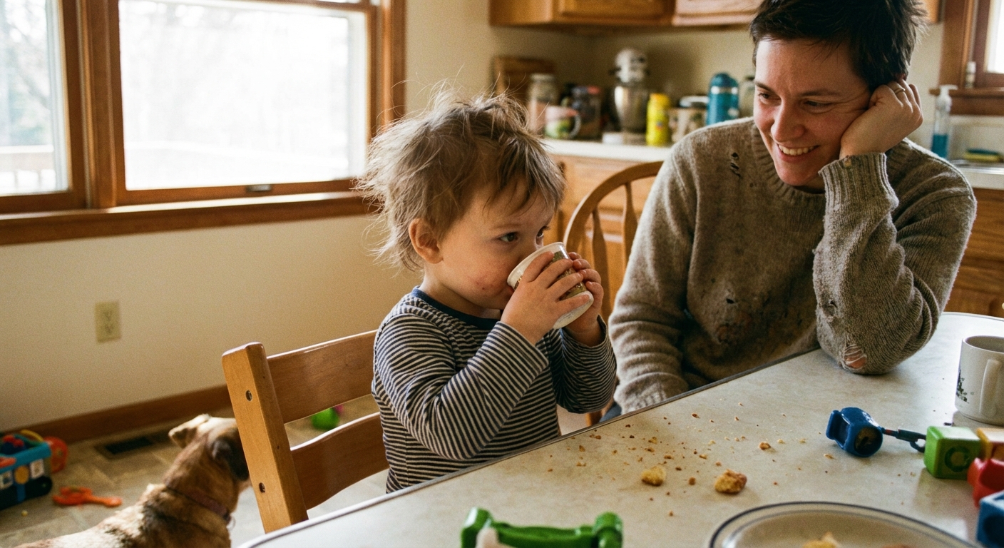 A candid photo of a toddler sitting at a kitchen table drinking water from a small cup while a parent watches nearby, warm natural light, everyday family moment