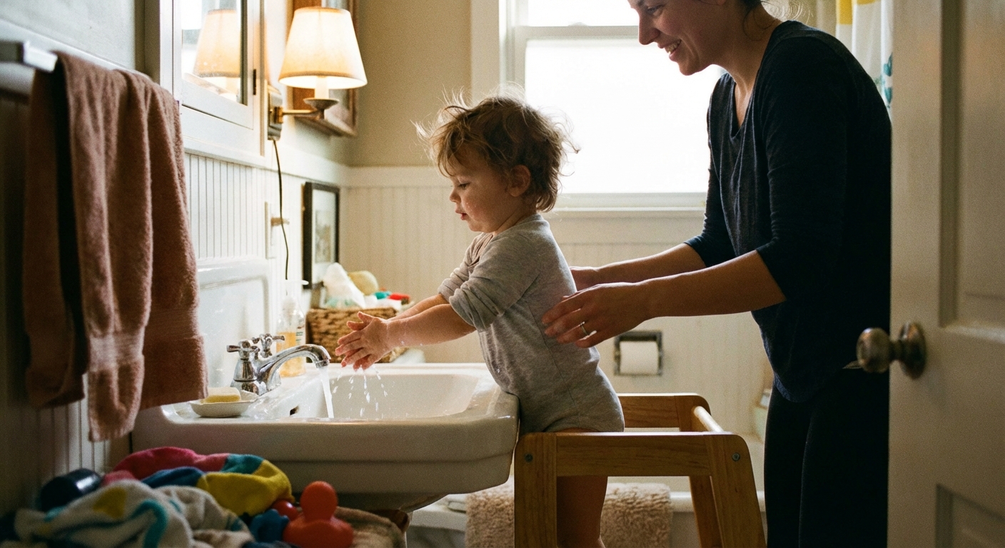 A candid photo of a toddler standing on a small step stool washing hands at a bathroom sink, with a parent nearby supervising, soft indoor lighting