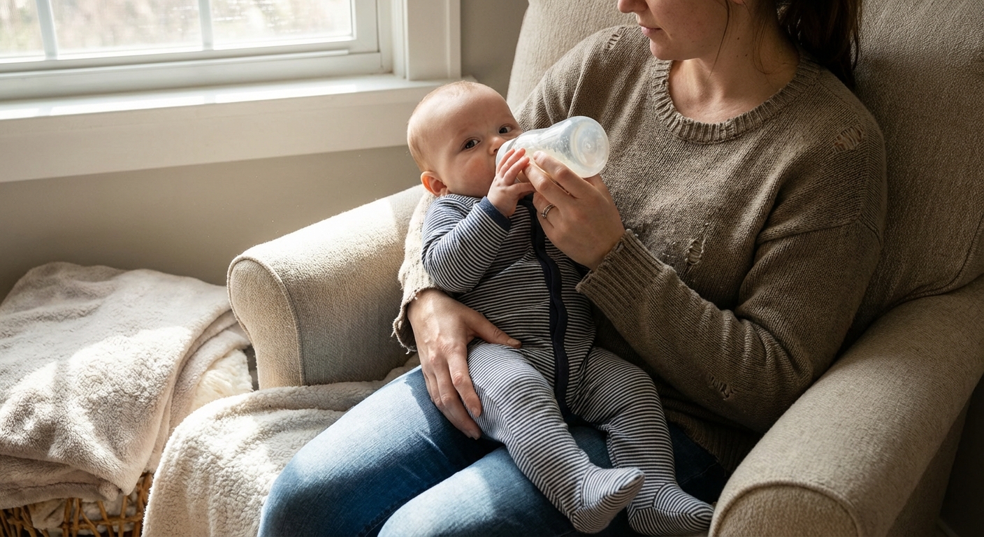 A caregiver feeding a baby a bottle while the baby sits semi-upright on the caregiver’s lap facing outward, natural daylight indoors, candid family photograph
