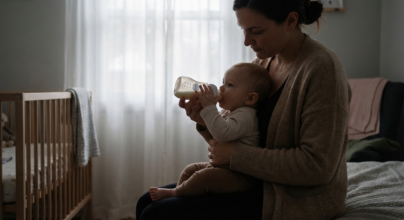 A caregiver holding a baby in an upright position and offering a bottle held nearly horizontal, showing paced bottle feeding technique in a softly lit nursery, realistic photograph