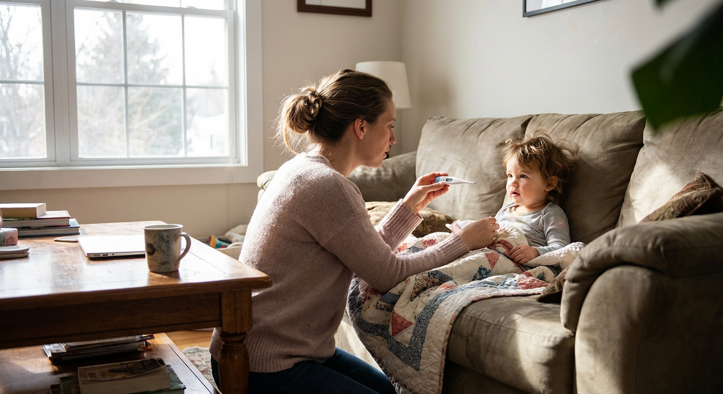A caregiver holding a digital thermometer next to a toddler sitting on a couch with a blanket, indoor natural light, realistic family documentary photo