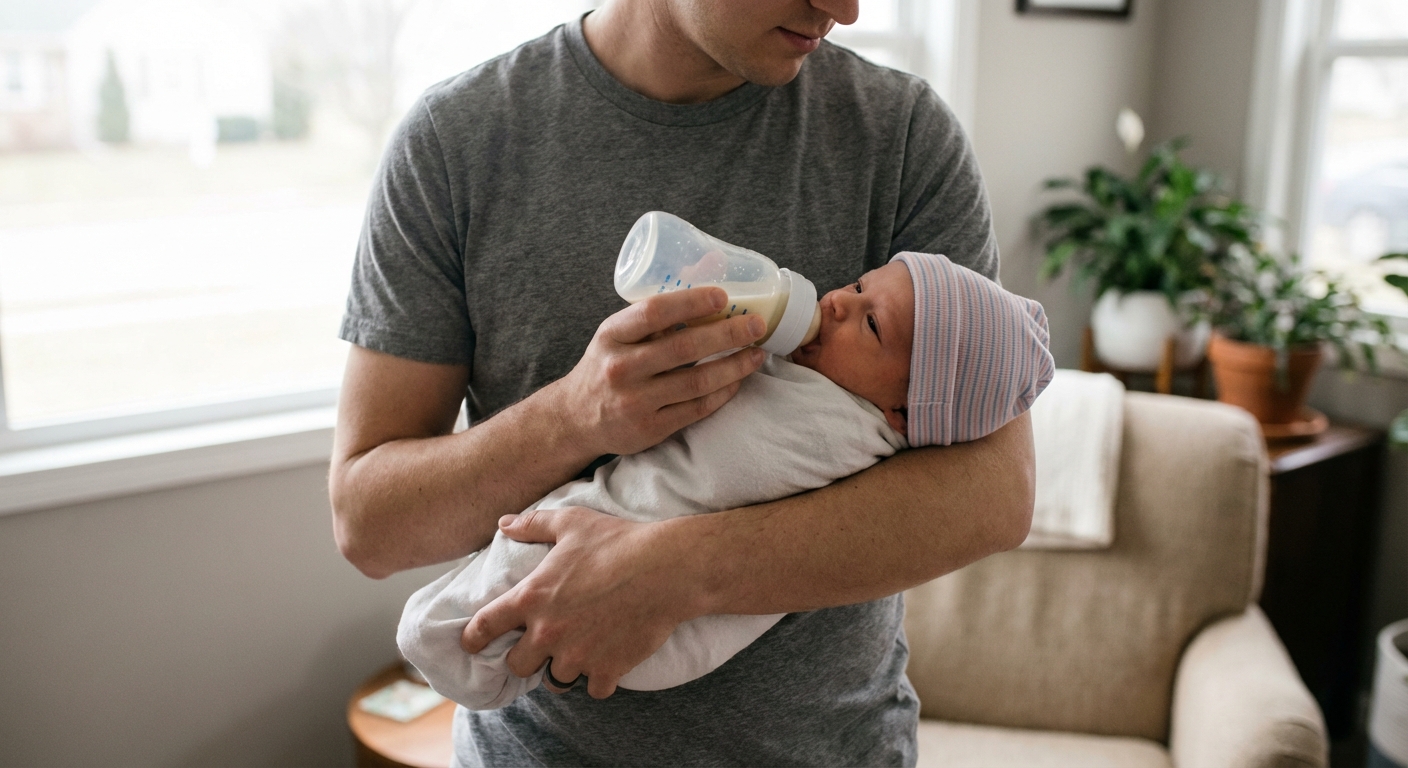 A caregiver holding a newborn in a semi-upright position while bottle feeding with paced feeding technique, natural window light, realistic candid photo