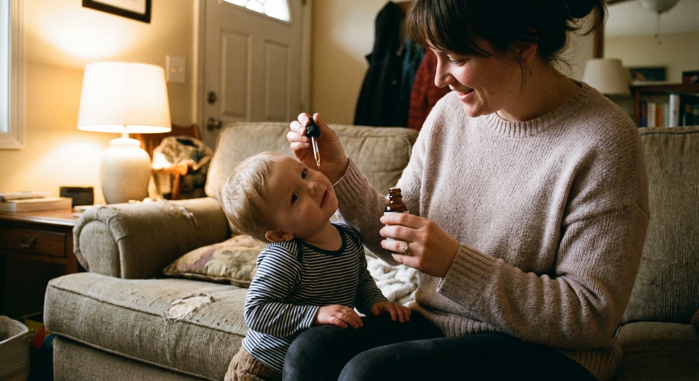 A caregiver holding a small bottle of ear drops and gently tilting a child’s head to the side on a couch, soft indoor lighting, realistic family photo