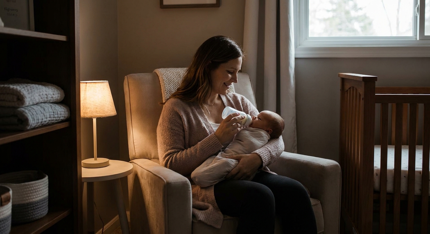 A caregiver sitting in a nursery chair offering a bottle to a calm breastfed baby in a semi-upright position, soft indoor lighting, realistic family photo