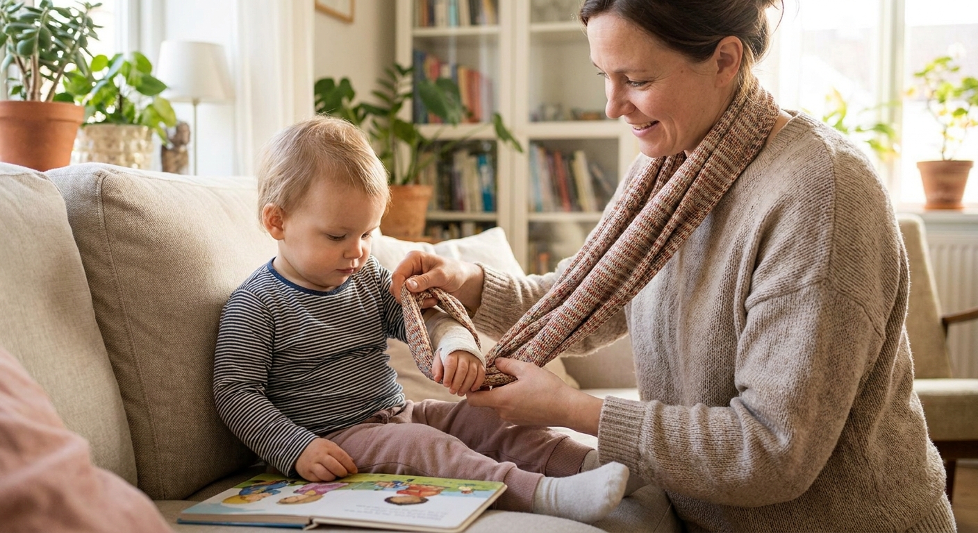 A caregiver using a soft scarf as a loose sling to support a toddler's forearm while the child sits calmly at home, realistic photo