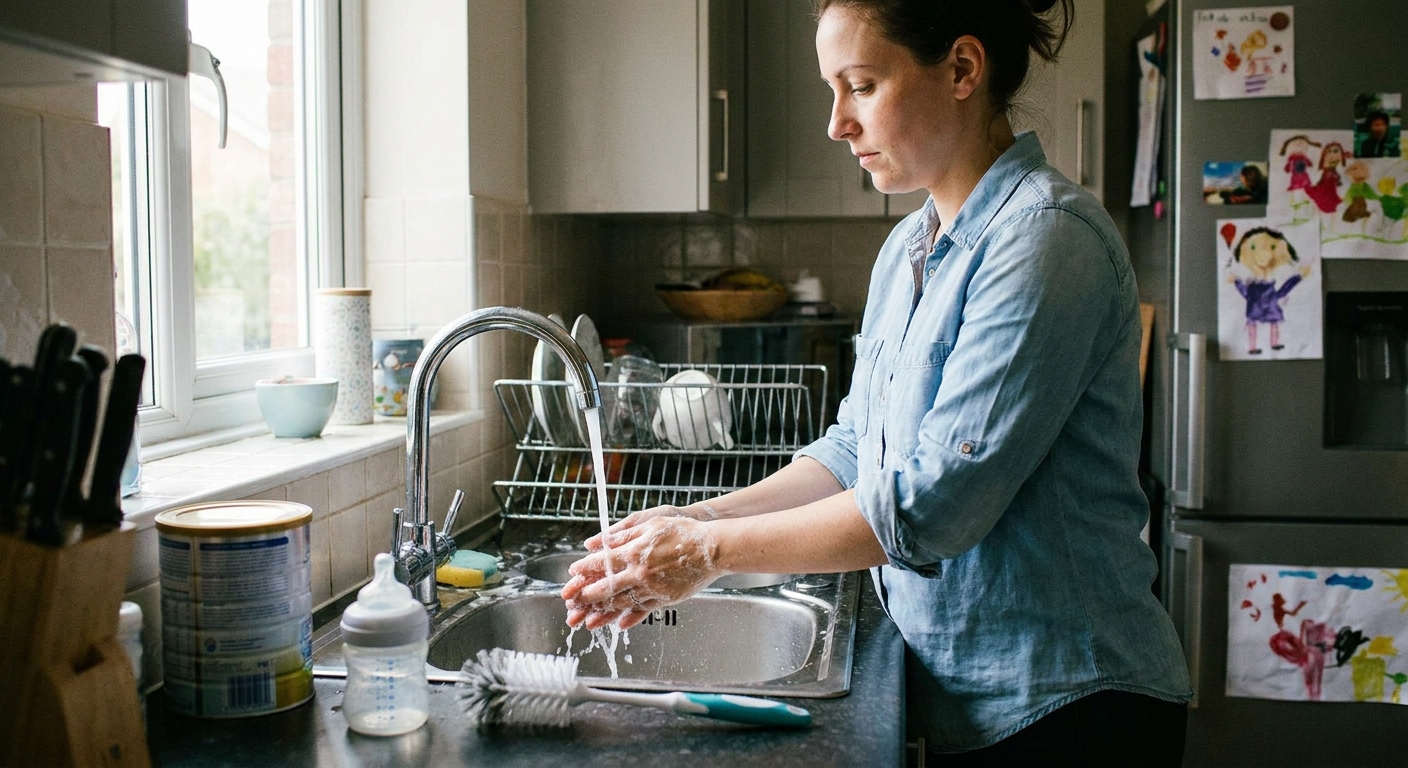 A caregiver washing hands at a kitchen sink with soap and running water before preparing a baby bottle, candid home photography