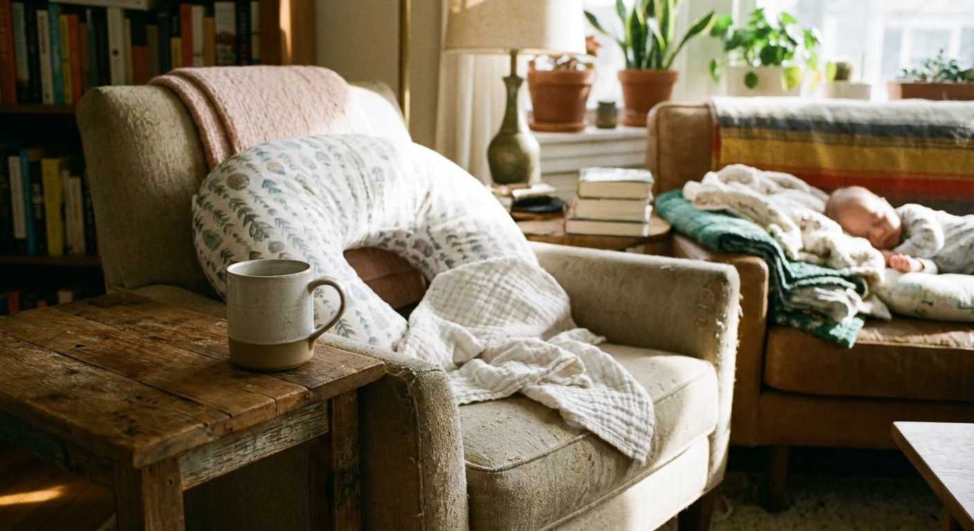 A ceramic coffee mug on a side table next to a nursing pillow and a burp cloth in a cozy living room, realistic lifestyle photograph