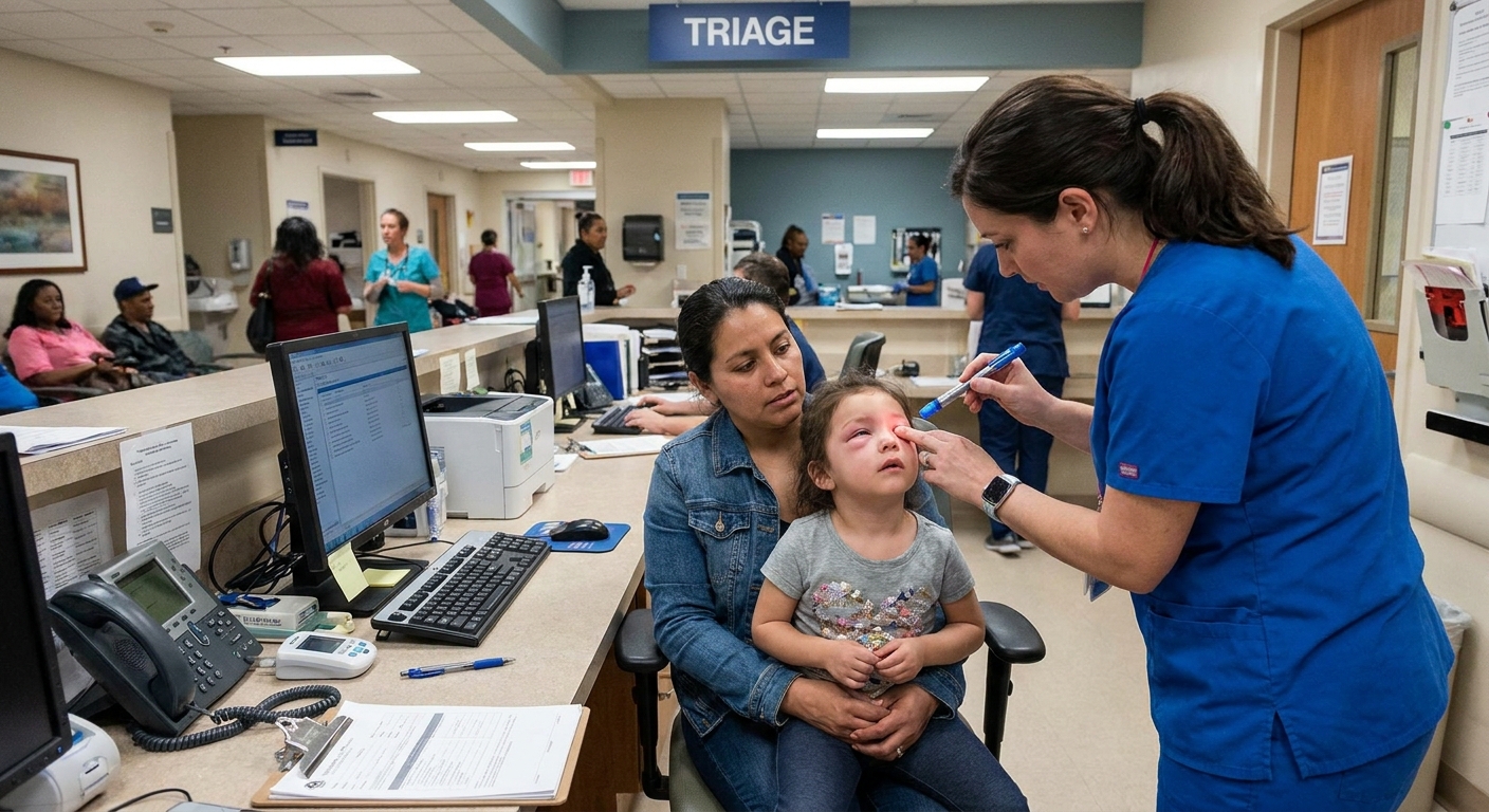 A child and parent at an emergency department triage desk while a nurse assesses a swollen red eyelid, realistic hospital setting