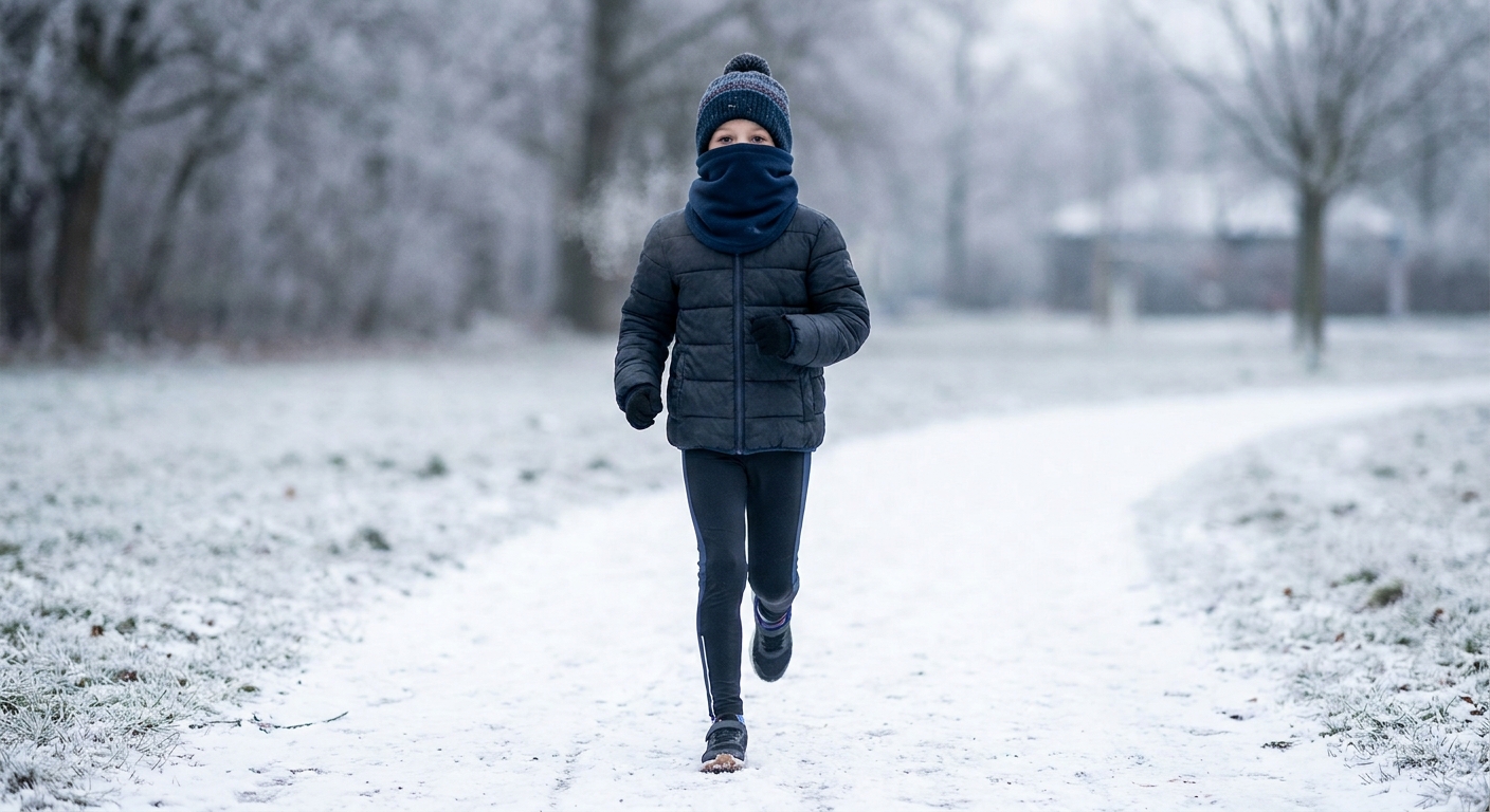 A child athlete jogging outdoors in cold weather while wearing a neck gaiter over the mouth and nose, winter sports photo