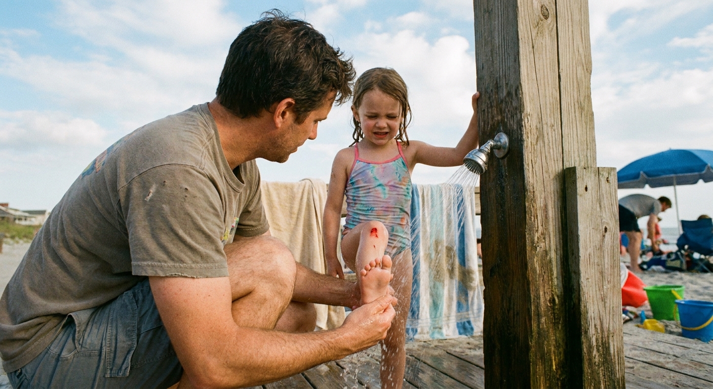 A child holding one foot up while a parent rinses a fresh scrape under a beach shower, realistic candid photo