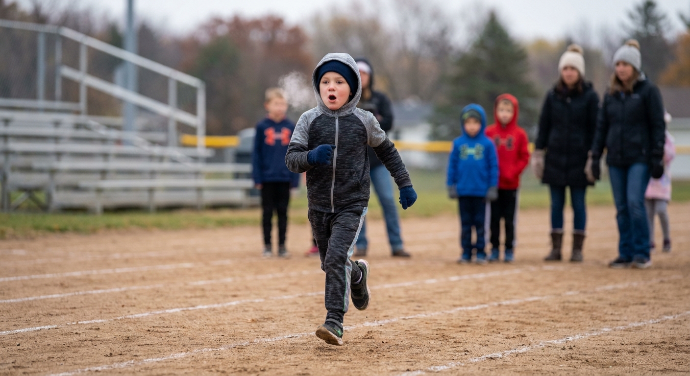 A child in athletic clothes running on a school track on a chilly morning with visible breath, candid sports photo