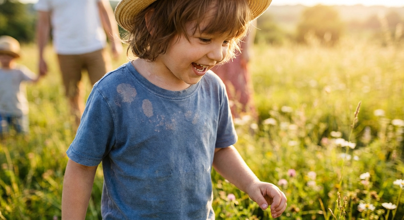 A child outdoors in bright summer light with faint, irregular lighter patches on the upper shoulder and chest, natural family photography style