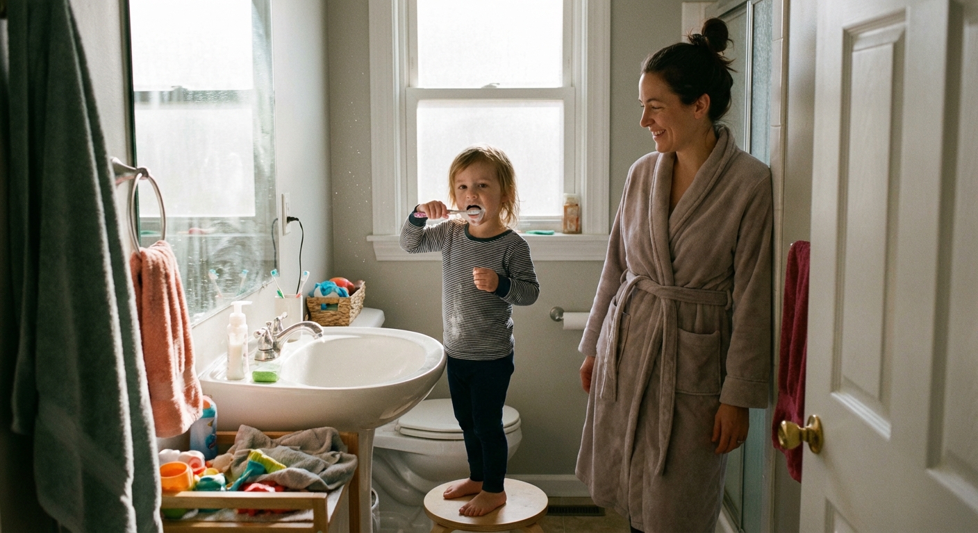 A child standing at a bathroom sink brushing teeth with a parent supervising nearby, soft morning light, realistic family lifestyle photo