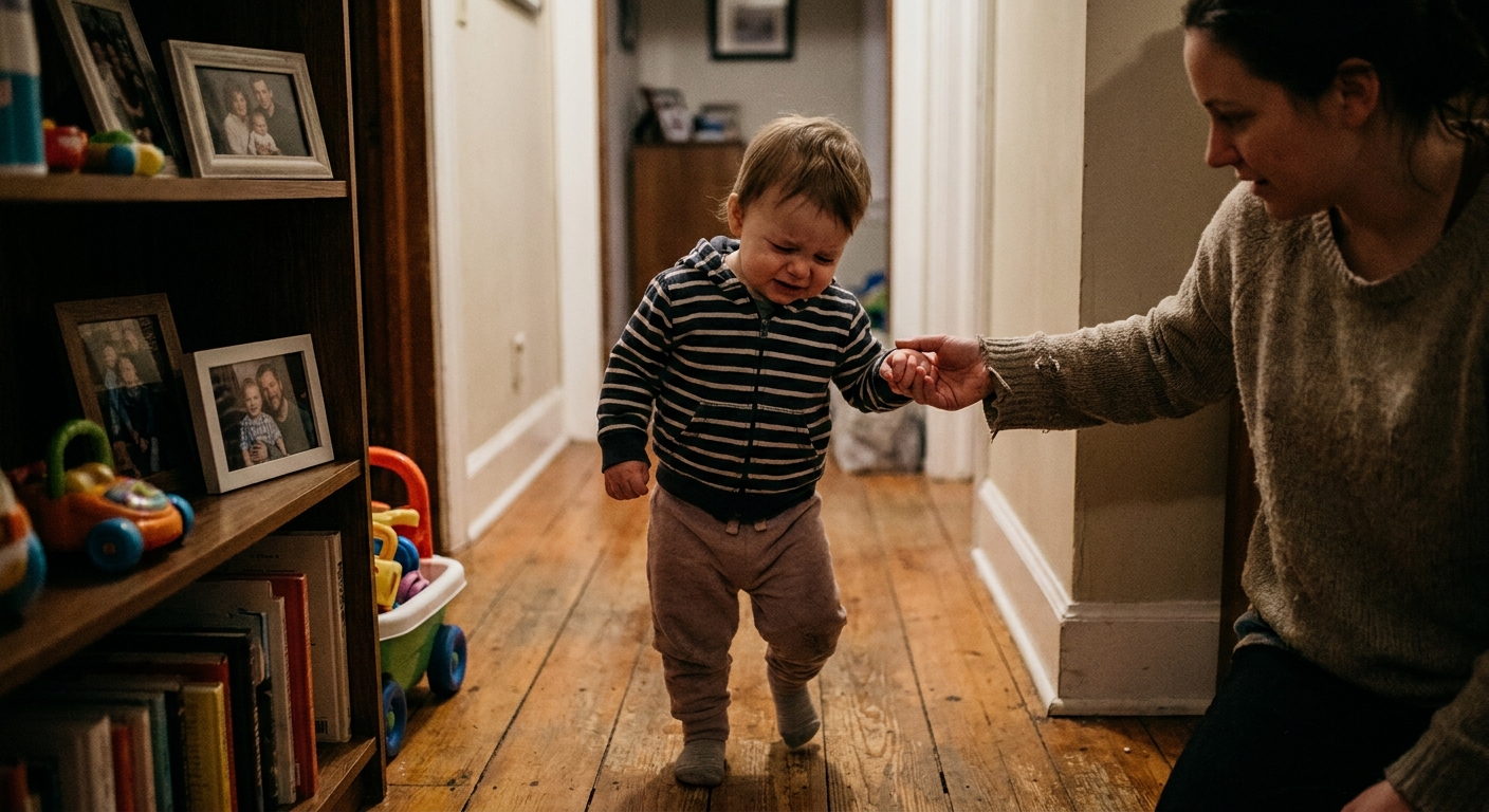 A child walking slowly and slightly hunched in a home hallway while a parent holds their hand, candid photo showing discomfort with movement