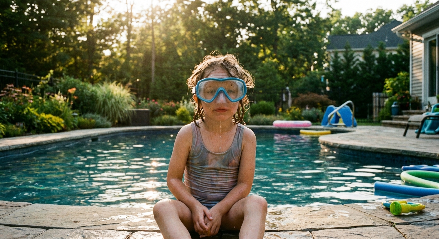 A child wearing swim goggles sitting at the edge of a backyard pool with water dripping from their hair, summer afternoon light, candid photo