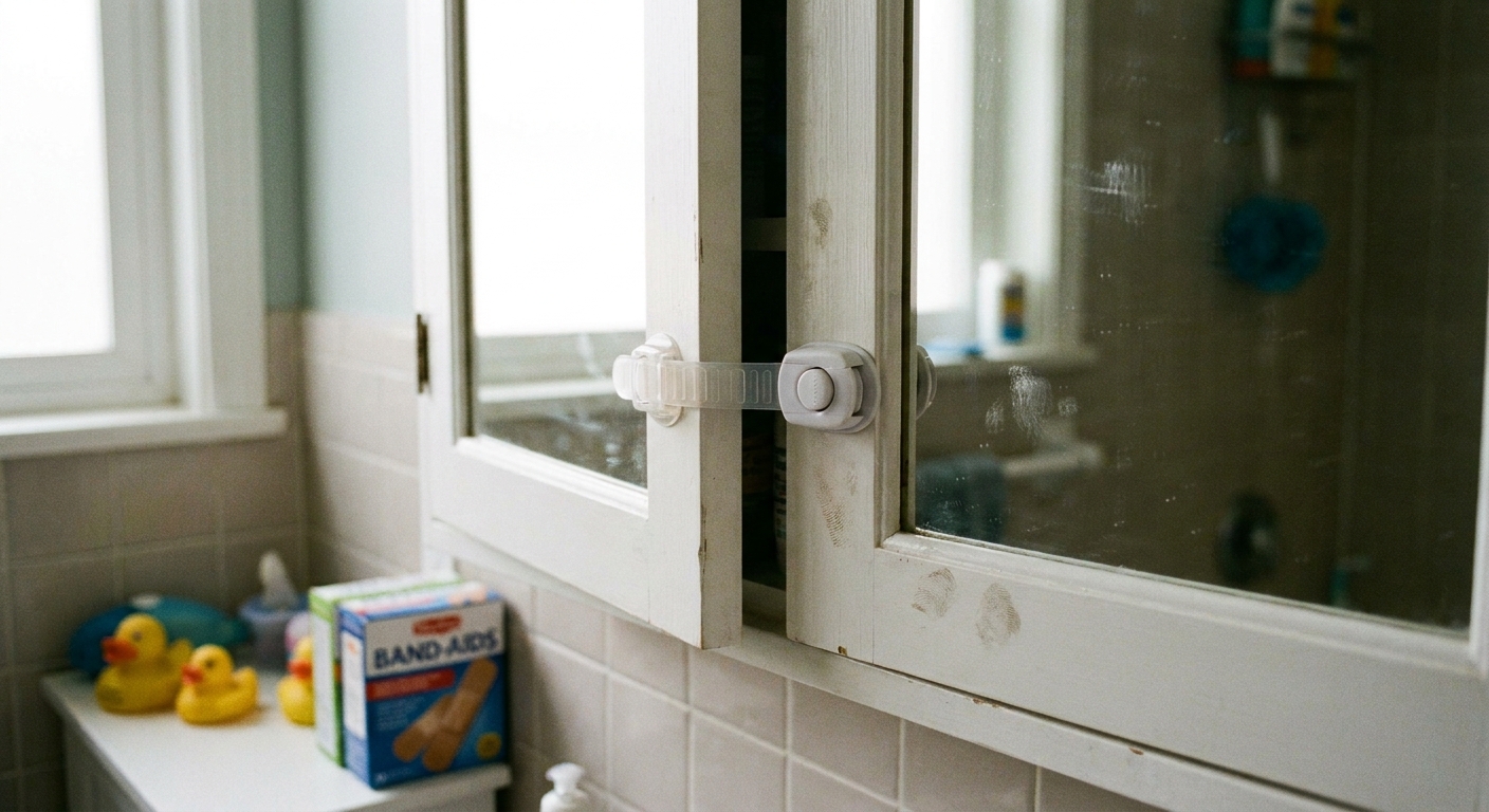A childproof lock installed on a bathroom medicine cabinet door