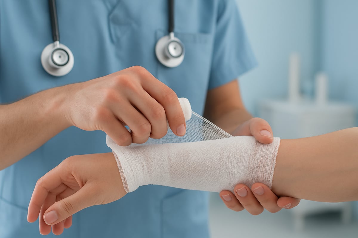 A child's forearm with a small nonstick gauze pad taped over a red skin bump, realistic close-up photo